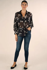 SHEER LONG SLEEVE BUTTON DOWN FLORAL TOP
