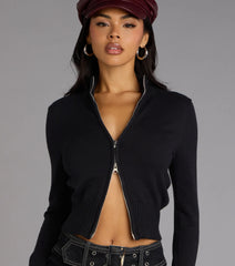 Layer Check Mock Neck Zip-Up Sweater
