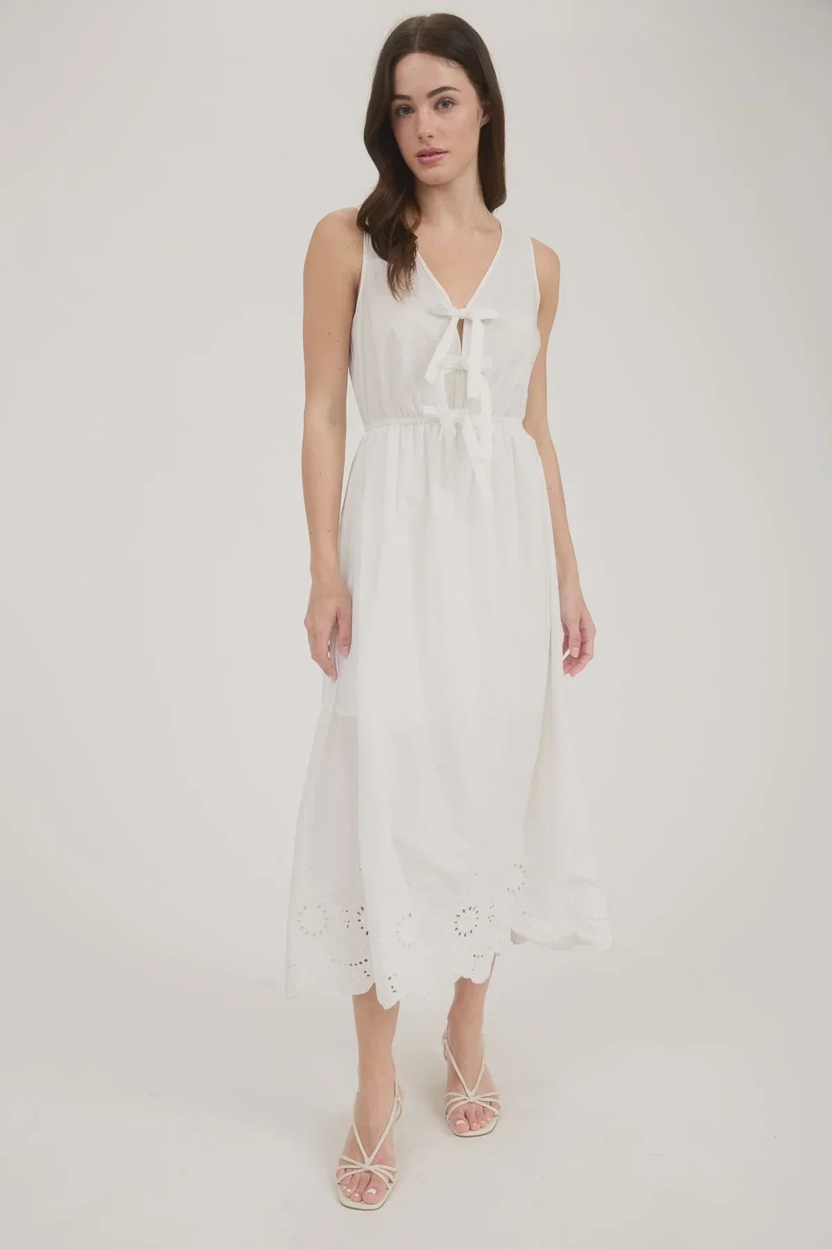 FRONT BOW TIE SLEEVELESS EYELET HEM MIDI DRESS