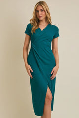 SHORT SLEEVE SURPLICE TWIST WRAP MIDI DRESS