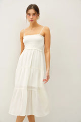 SHEER SMOCKED BODICE MIDI DRESS