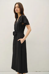 RUFFLE CAP SLEEVE V NECK TIE WAIST MIDI DRESS