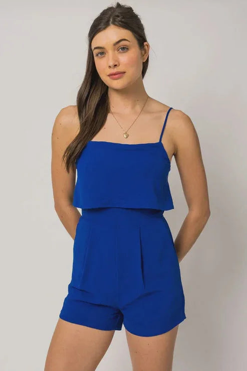 SLEEVELESS SIDE POCKET LAYERED TOP ROMPER