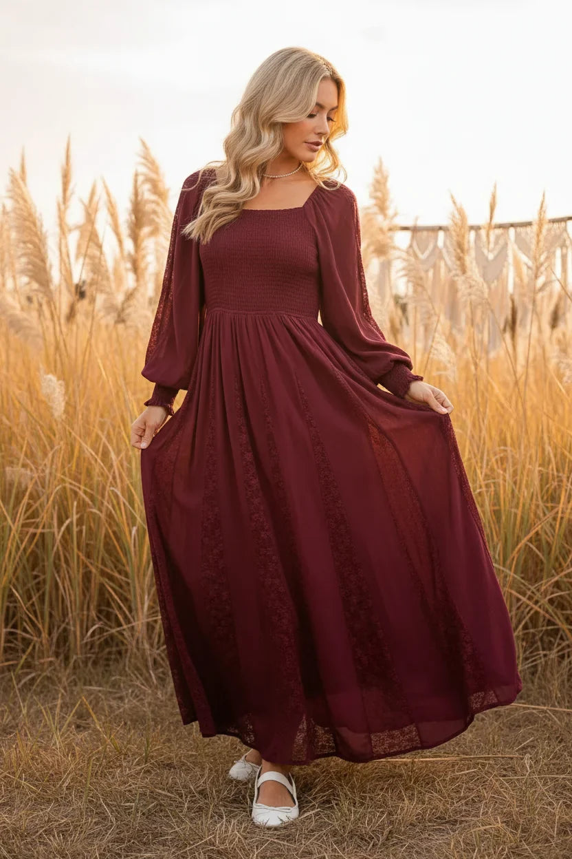 LACE INSET SMOCKED MAXI DRESS