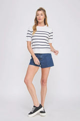 SOFT FINE SHORT SLEEVE STRIPED SWEATER TOP