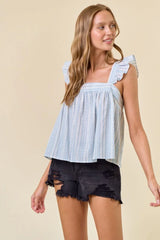 STRIPED RUFFLE CAP SLEEVE TIE BACK DETAIL TOP