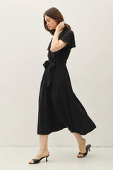 RUFFLE CAP SLEEVE V NECK TIE WAIST MIDI DRESS