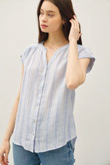STRIPED MANDARIN COLLAR LINEN SHIRT