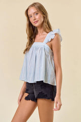 STRIPED RUFFLE CAP SLEEVE TIE BACK DETAIL TOP