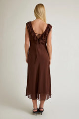 RUFFLED V-NECK BIAS MAXI DRESS