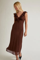RUFFLED V-NECK BIAS MAXI DRESS