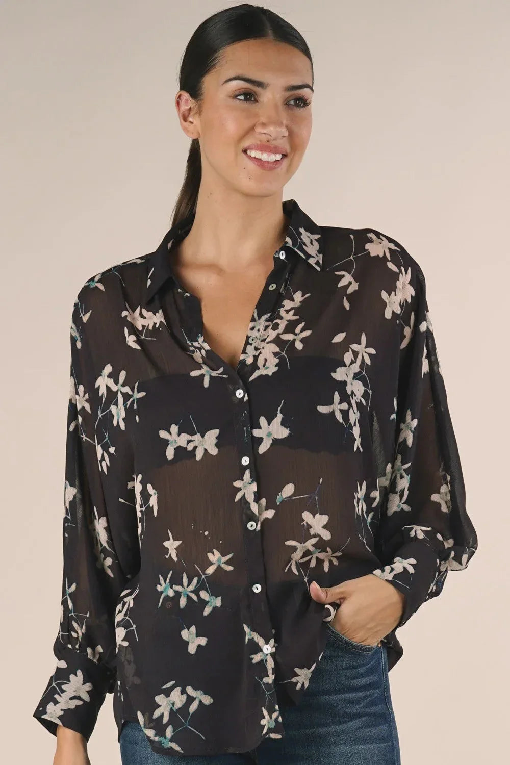 SHEER LONG SLEEVE BUTTON DOWN FLORAL TOP