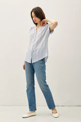 STRIPED MANDARIN COLLAR LINEN SHIRT