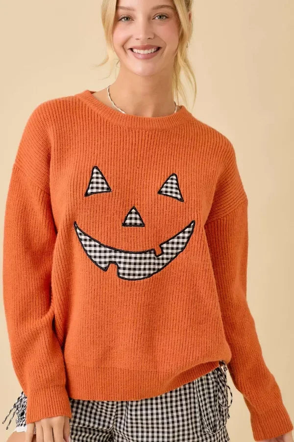 PUMPKIN FACE PATCHWORK SWEATER